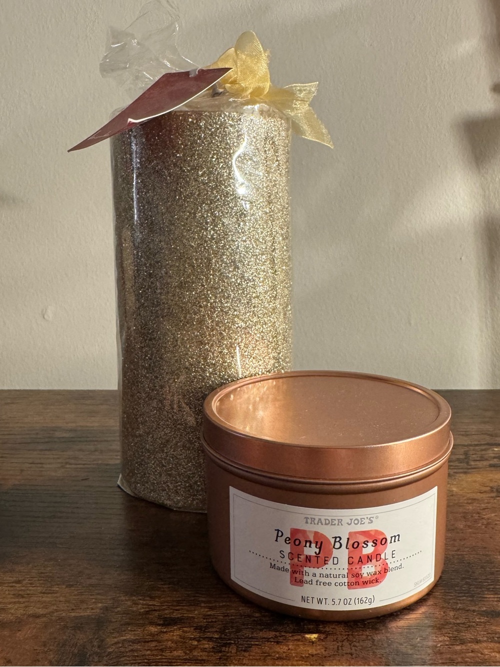 Nicole Miller Gold Glitter Pillar Candle and Trader Joe’s Candle